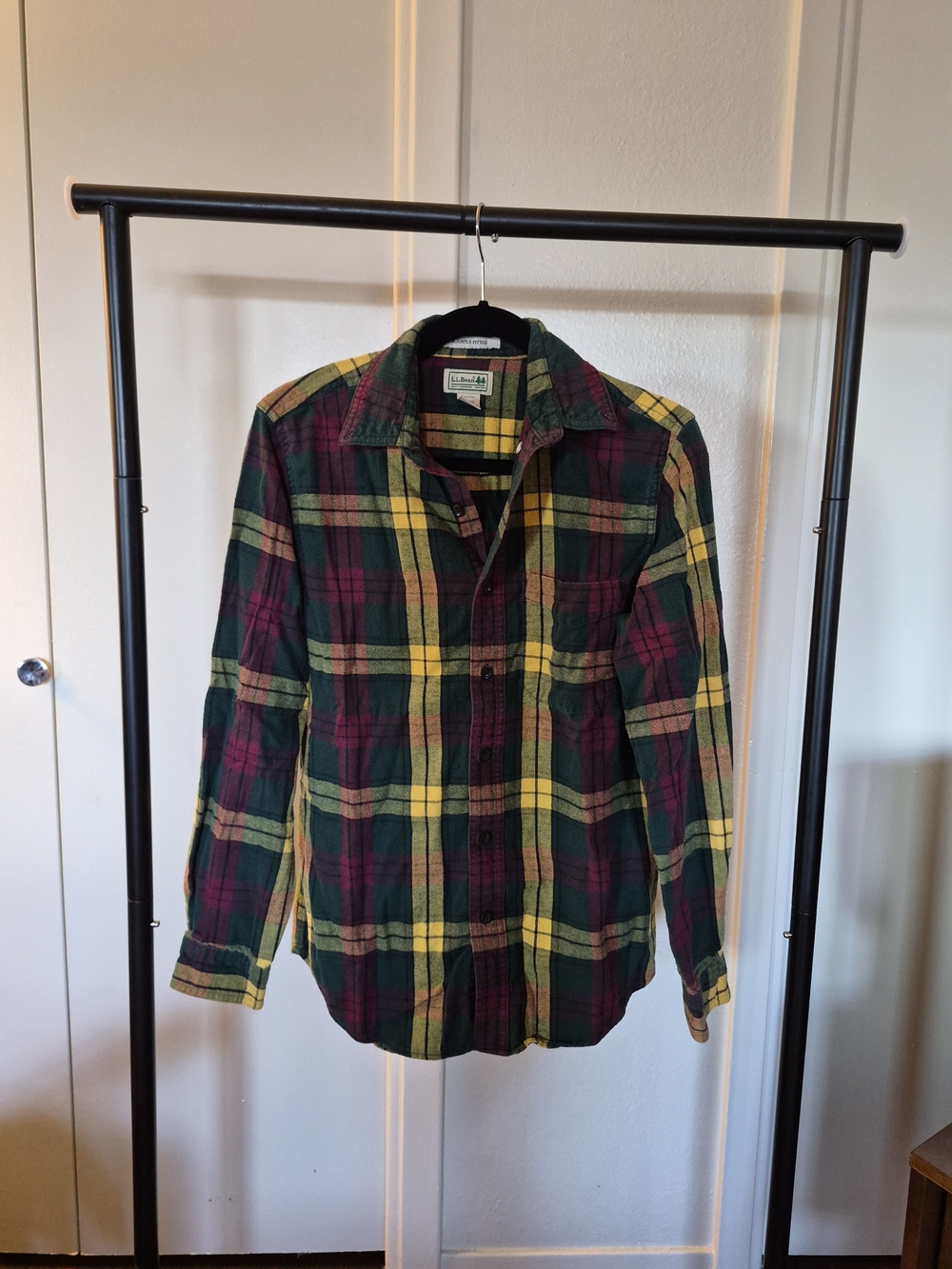L.L.Bean Yellow Green Burgundy Plaid Flannel Shirt